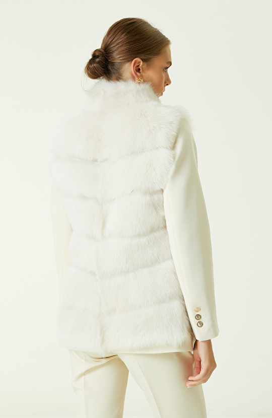 Ekru Çizgi Detaylı Deri Yelek