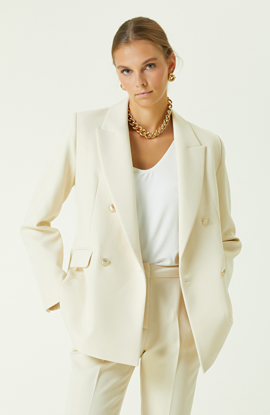 Taş Rengi Metal Düğmeli Blazer Ceket