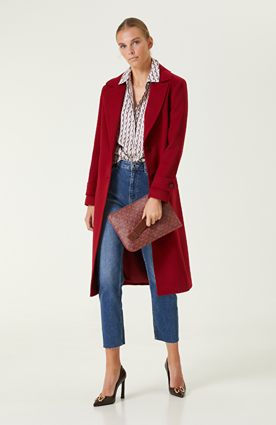 Ekru Bordo Logo Desenli Gömlek