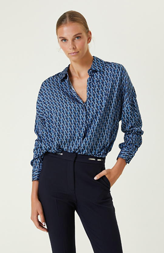 Lacivert Mavi Logo Desenli Gömlek