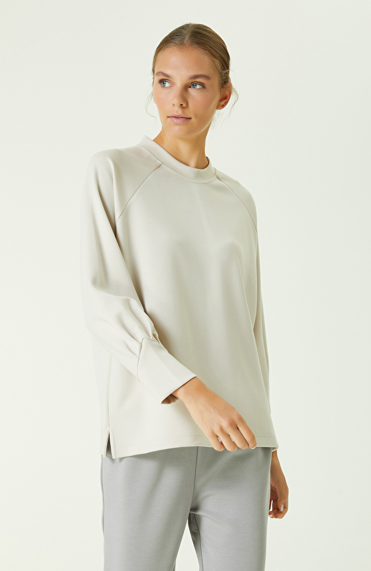 Bej Bisiklet Yaka Sweatshirt