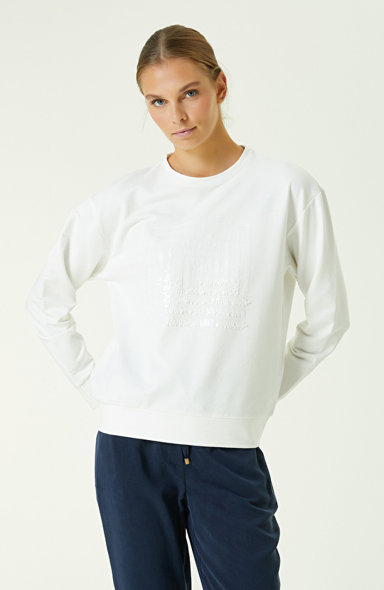 Ekru Payet İşlemeli Sweatshirt