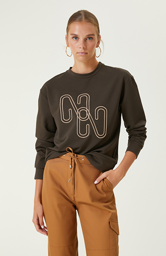 Haki Pamuklu Nakışlı Sweatshirt