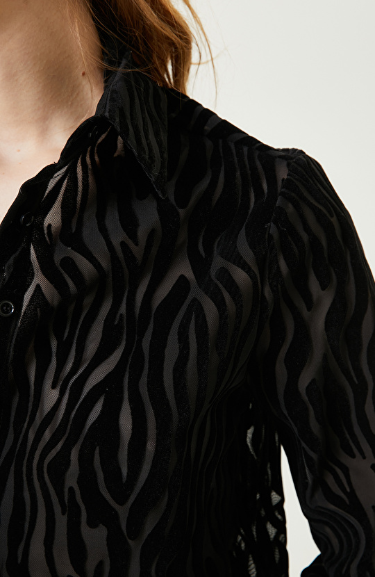 Siyah Zebra Flok Baskılı Gömlek