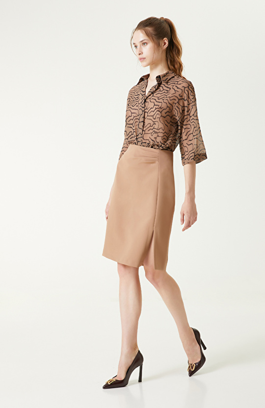 Camel Beli Büzgülü Şifon Gömlek