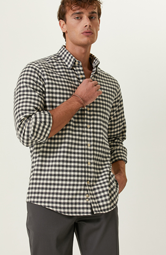 Pamuklu Ekru Balıksırtı Kareli Gömlek