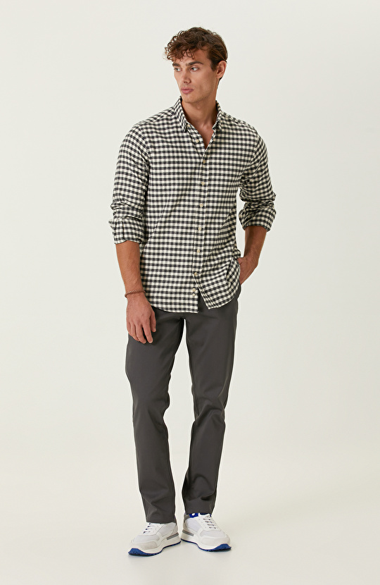 Pamuklu Ekru Balıksırtı Kareli Gömlek