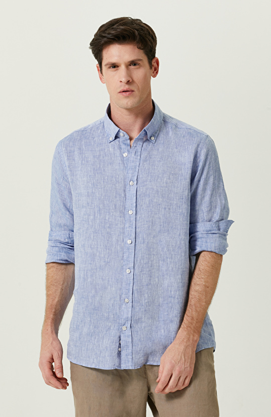 Uzun Kollu Mavi Keten Gömlek