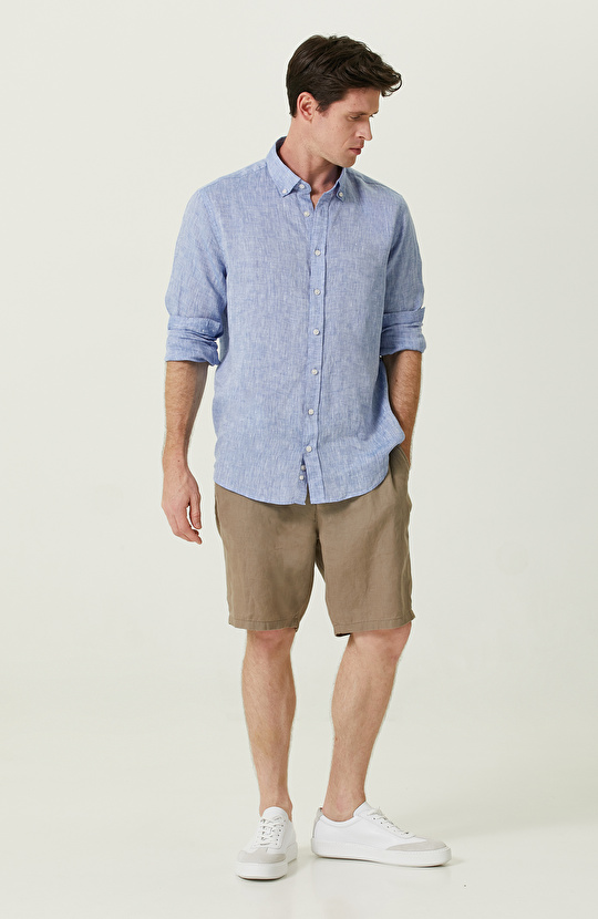 Uzun Kollu Mavi Keten Gömlek