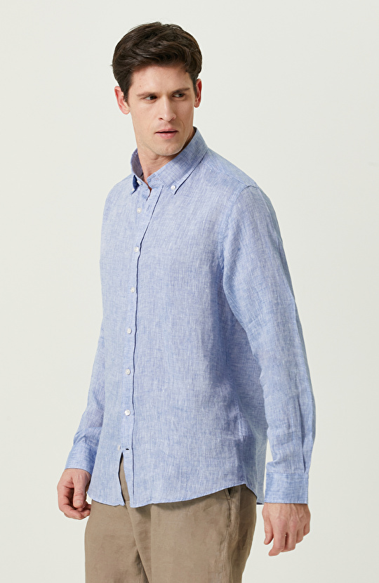 Uzun Kollu Mavi Keten Gömlek