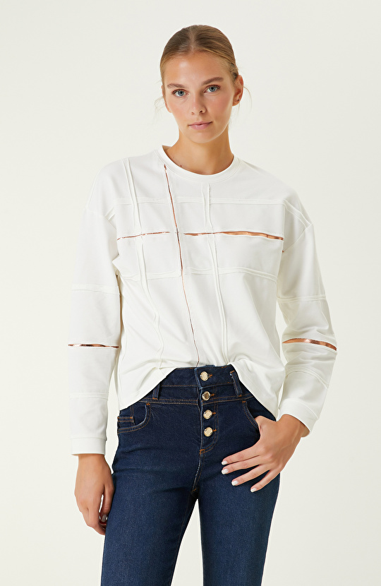 Pamuklu Ekru Baskılı Sweatshirt