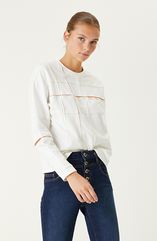 Pamuklu Ekru Baskılı Sweatshirt