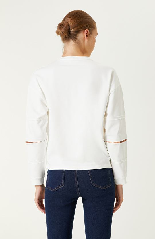 Pamuklu Ekru Baskılı Sweatshirt