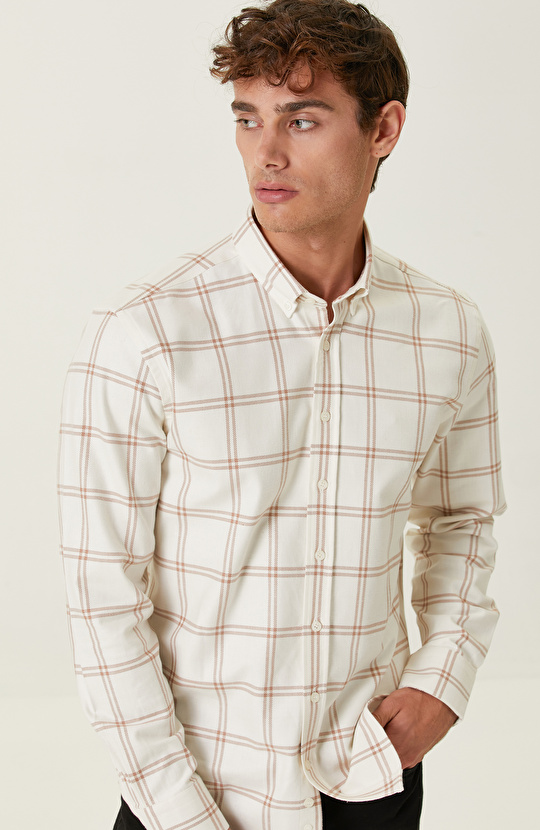 Pamuklu Camel Ekru Ekose Gömlek