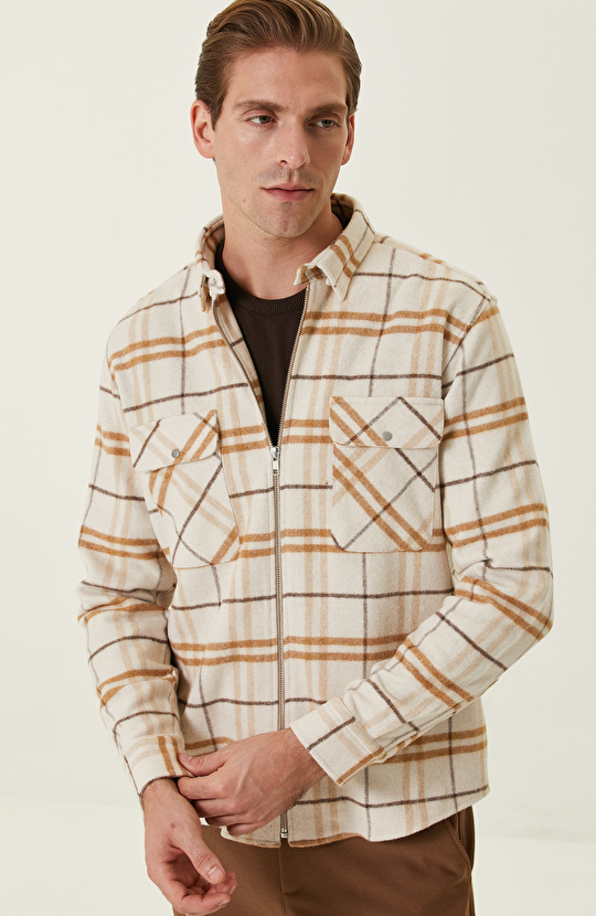 Vizon Ekru Ekose Desenli Gömlek