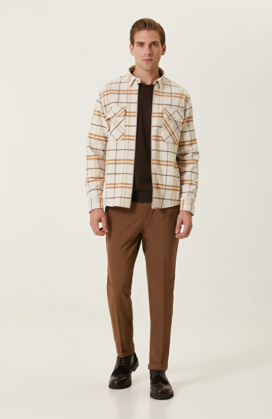 Vizon Ekru Ekose Desenli Gömlek