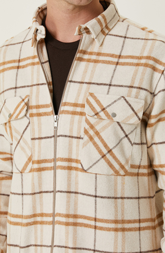 Vizon Ekru Ekose Desenli Gömlek