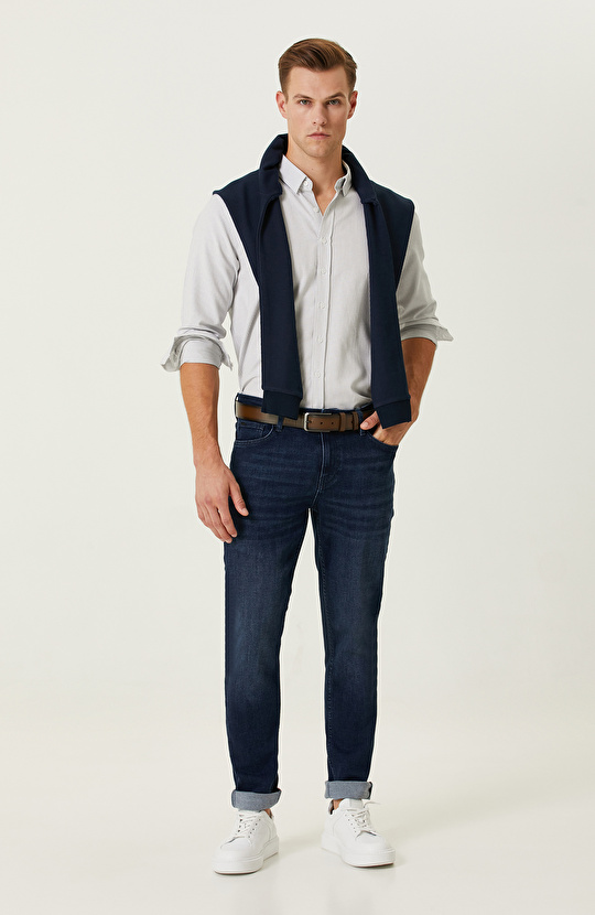 Beyaz Lacivert Çizgili Gömlek