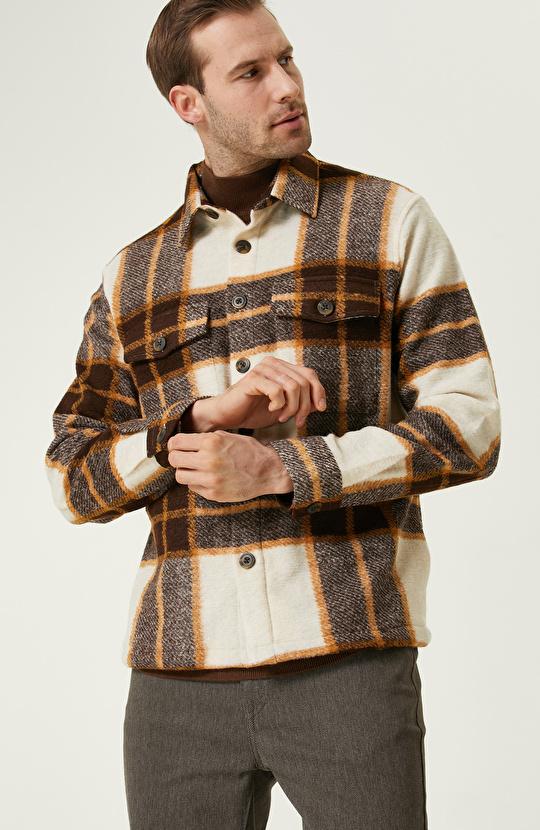 Ekru Kahverengi Ekose Desenli Dış Gömlek