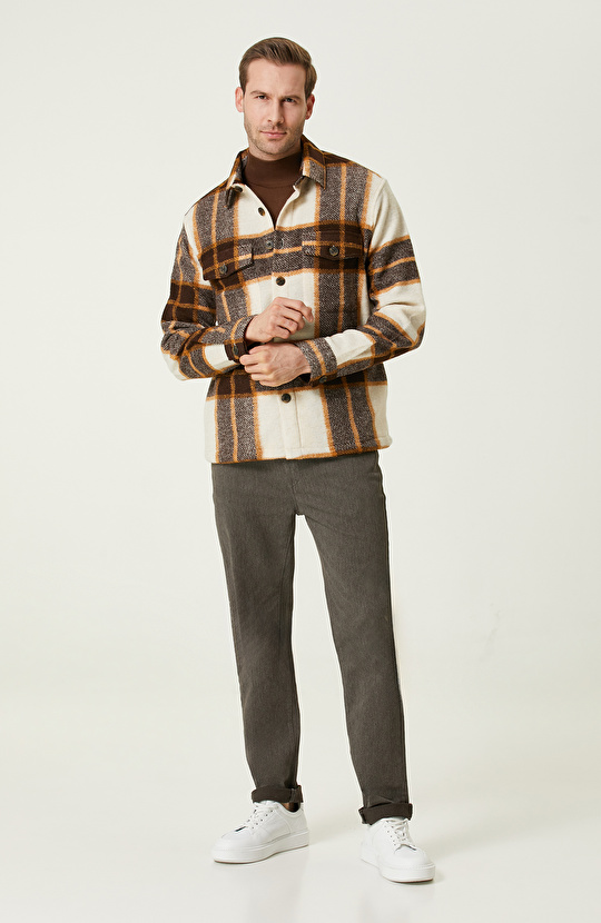 Ekru Kahverengi Ekose Desenli Dış Gömlek