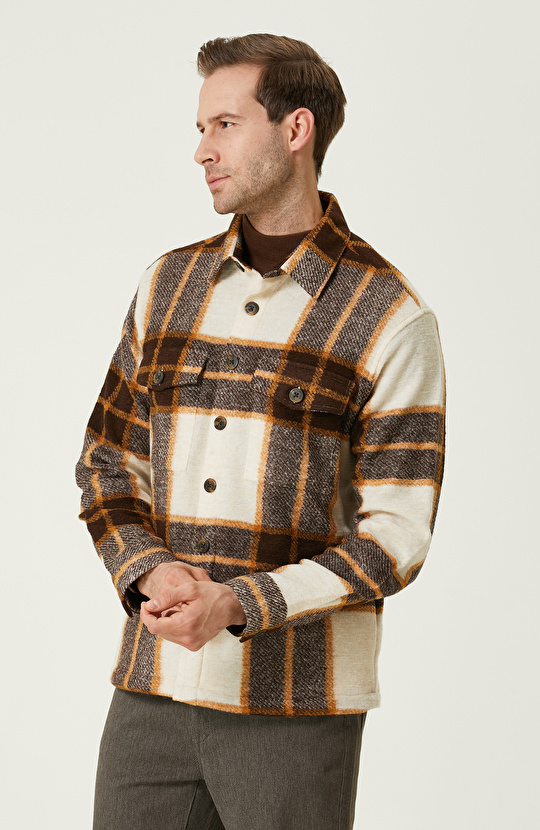 Ekru Kahverengi Ekose Desenli Dış Gömlek