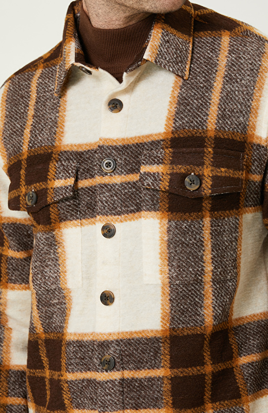 Ekru Kahverengi Ekose Desenli Dış Gömlek