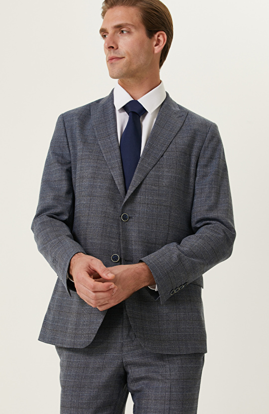 İndigo Ekose Desenli Takım Elbise