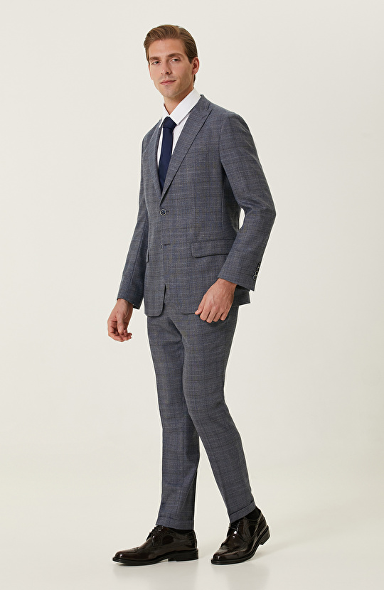 İndigo Ekose Desenli Takım Elbise