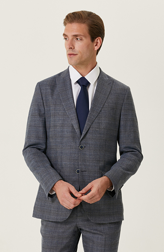 İndigo Ekose Desenli Takım Elbise