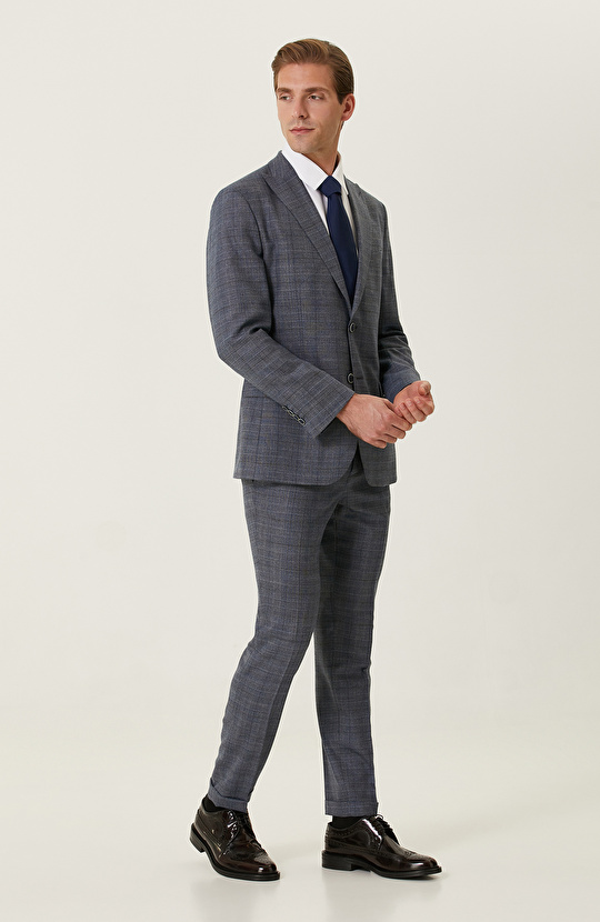 İndigo Ekose Desenli Takım Elbise