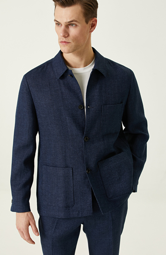 Lacivert Keten Karışımlı Ceket