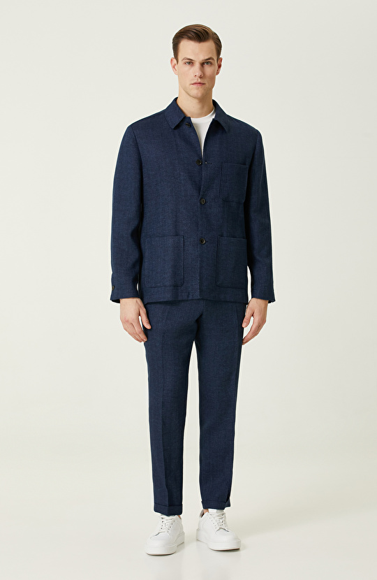 Lacivert Keten Karışımlı Ceket