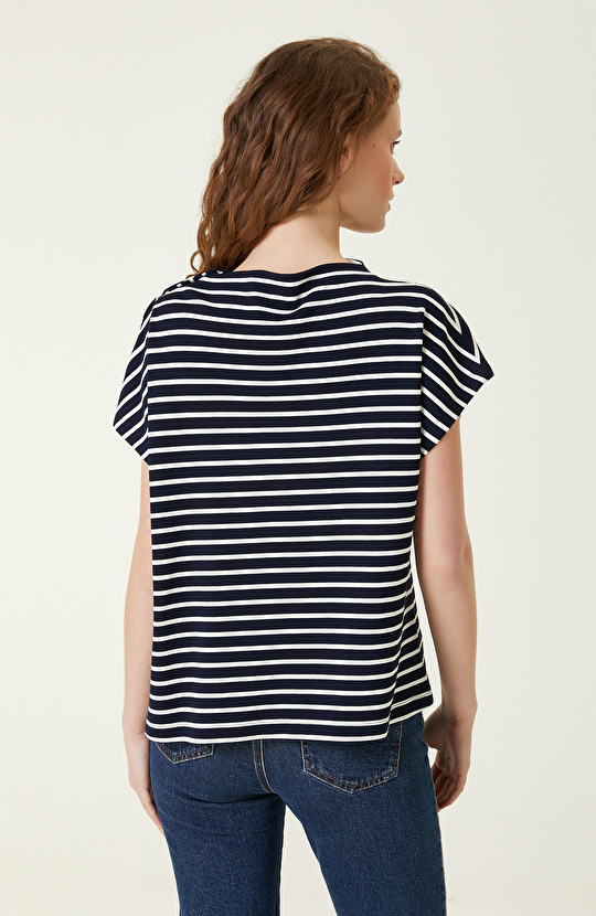 Lacivert Ekru Çizgili Bluz