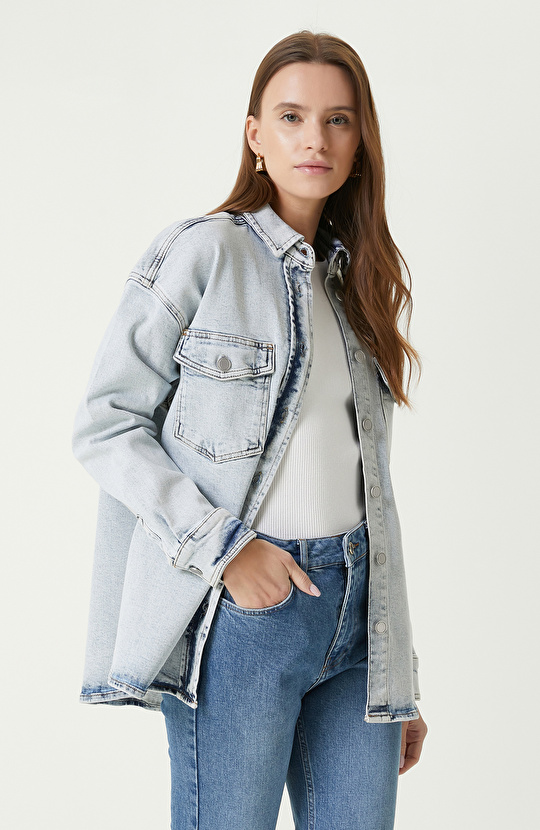  Açık Indigo Mavi Denim Gömlek