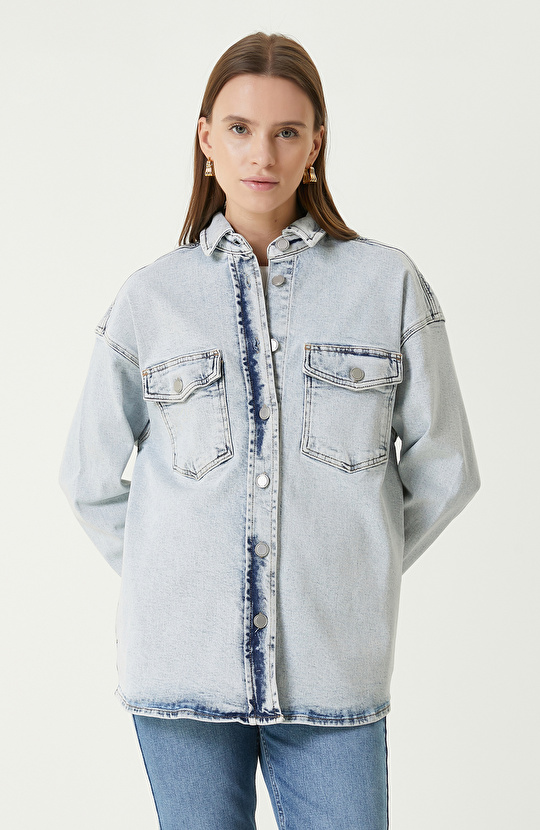  Açık Indigo Mavi Denim Gömlek