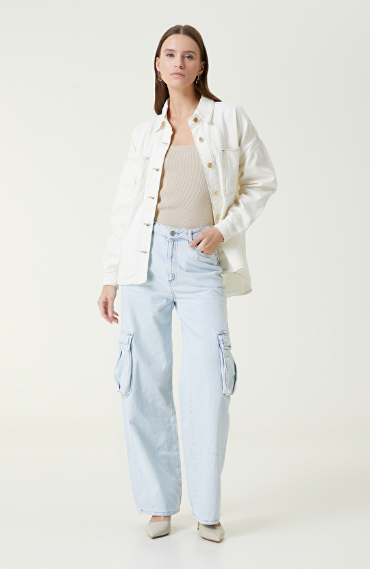 Açık İndigo Kargo Cepli Denim Pantolon