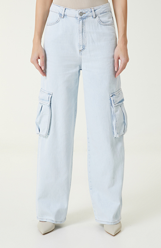 Açık İndigo Kargo Cepli Denim Pantolon