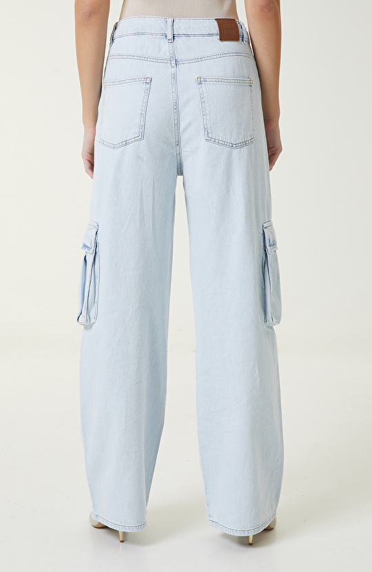 Açık İndigo Kargo Cepli Denim Pantolon