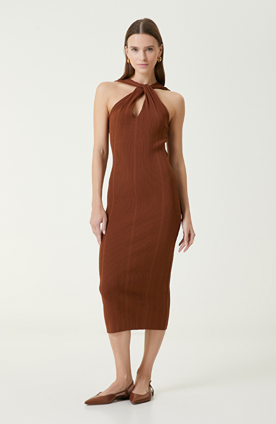 Kahverengi Midi Triko Elbise