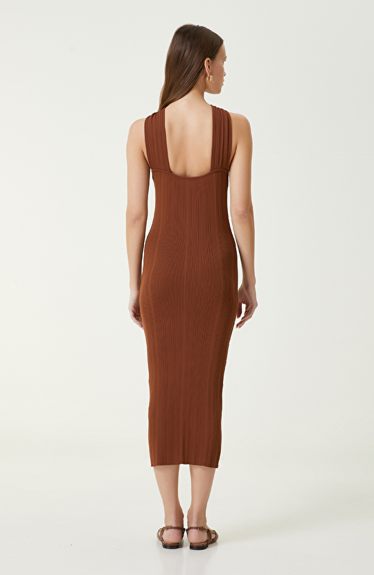 Kahverengi Midi Triko Elbise