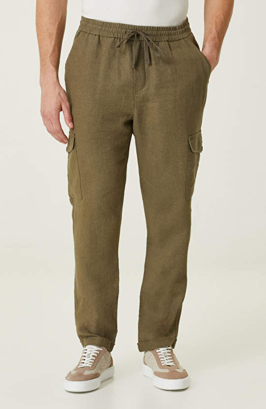 Haki Keten Kargo Cepli Pantolon