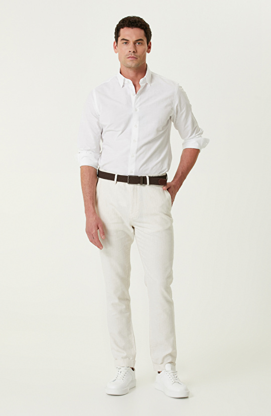 Bej Çizgi Desenli Pantolon