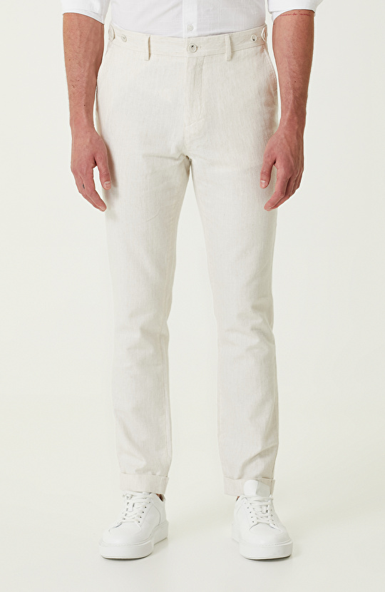 Bej Çizgi Desenli Pantolon