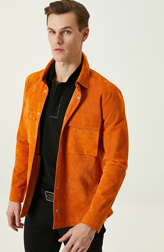 Turuncu Süet Deri Mont