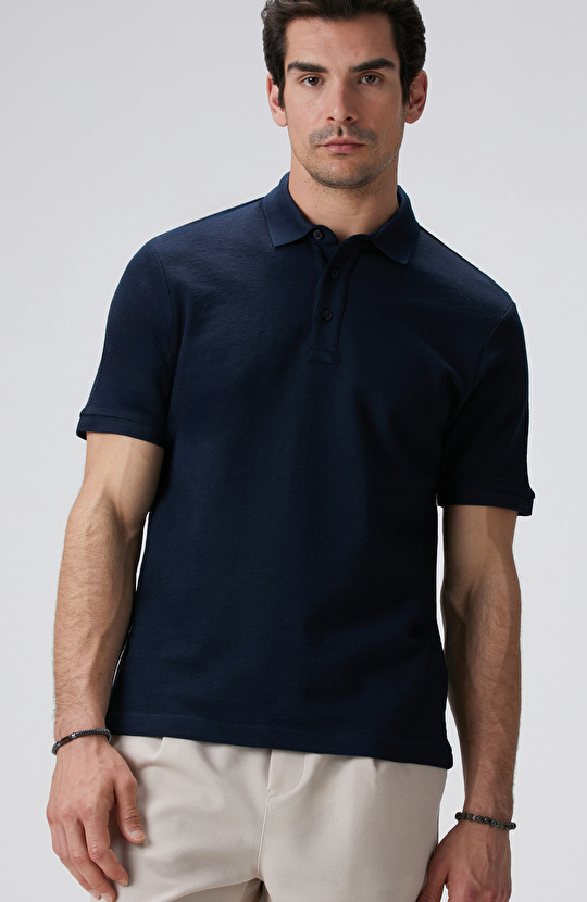 Lacivert Polo Yaka Jakarlı T-shirt