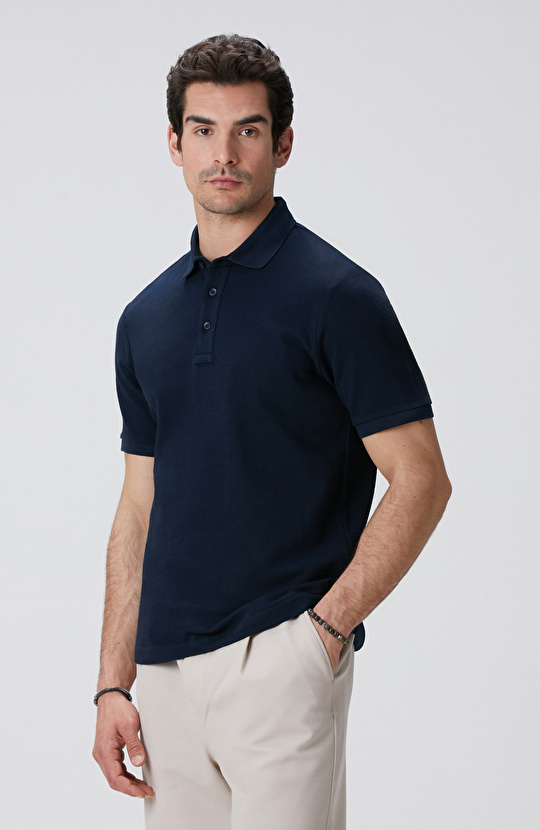 Lacivert Polo Yaka Jakarlı T-shirt
