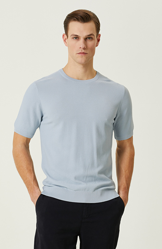  Mavi Petek Örgü Jakarlı Kazak