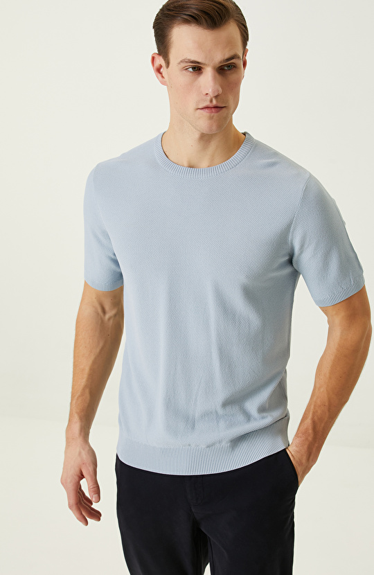  Mavi Petek Örgü Jakarlı Kazak