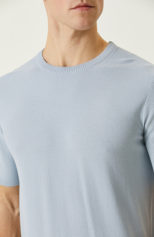  Mavi Petek Örgü Jakarlı Kazak