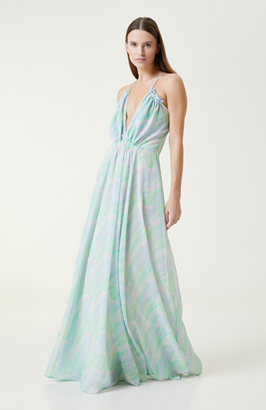 Yeşil Desenli Maksi Abiye Elbise